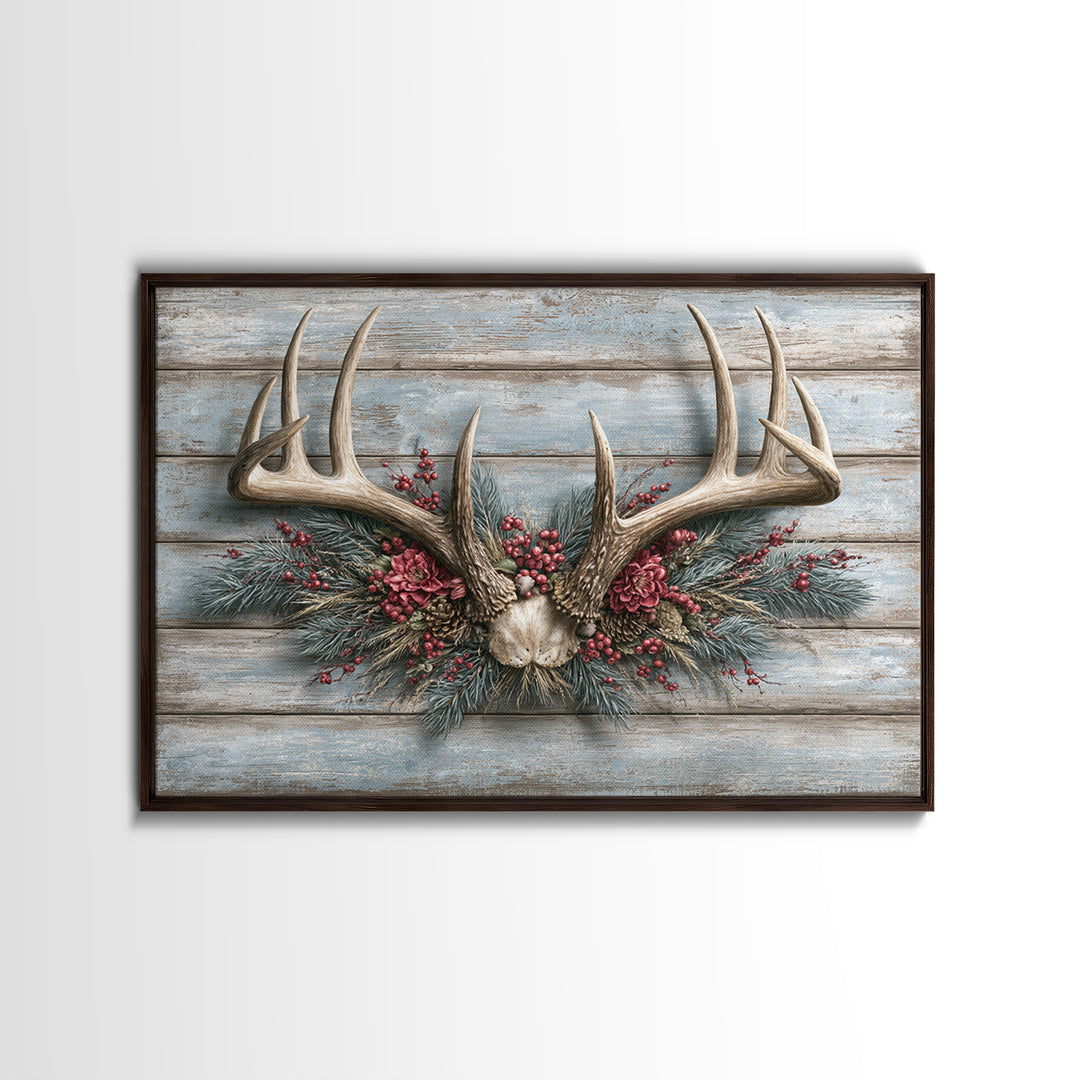 Deer Antlers with Pine Branches and Berries Framed Canvas Print, Rustic Art, Eclectic Wall Art, Farmhouse Decor, Watercolor Art, RUS-3x2-78