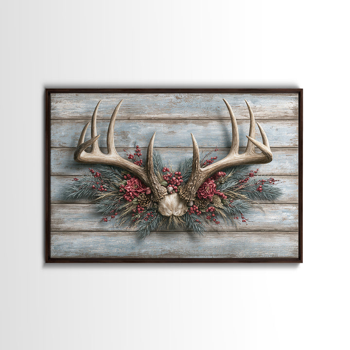 Deer Antlers with Pine Branches and Berries Framed Canvas Print, Rustic Art, Eclectic Wall Art, Farmhouse Decor, Watercolor Art, RUS-3x2-78
