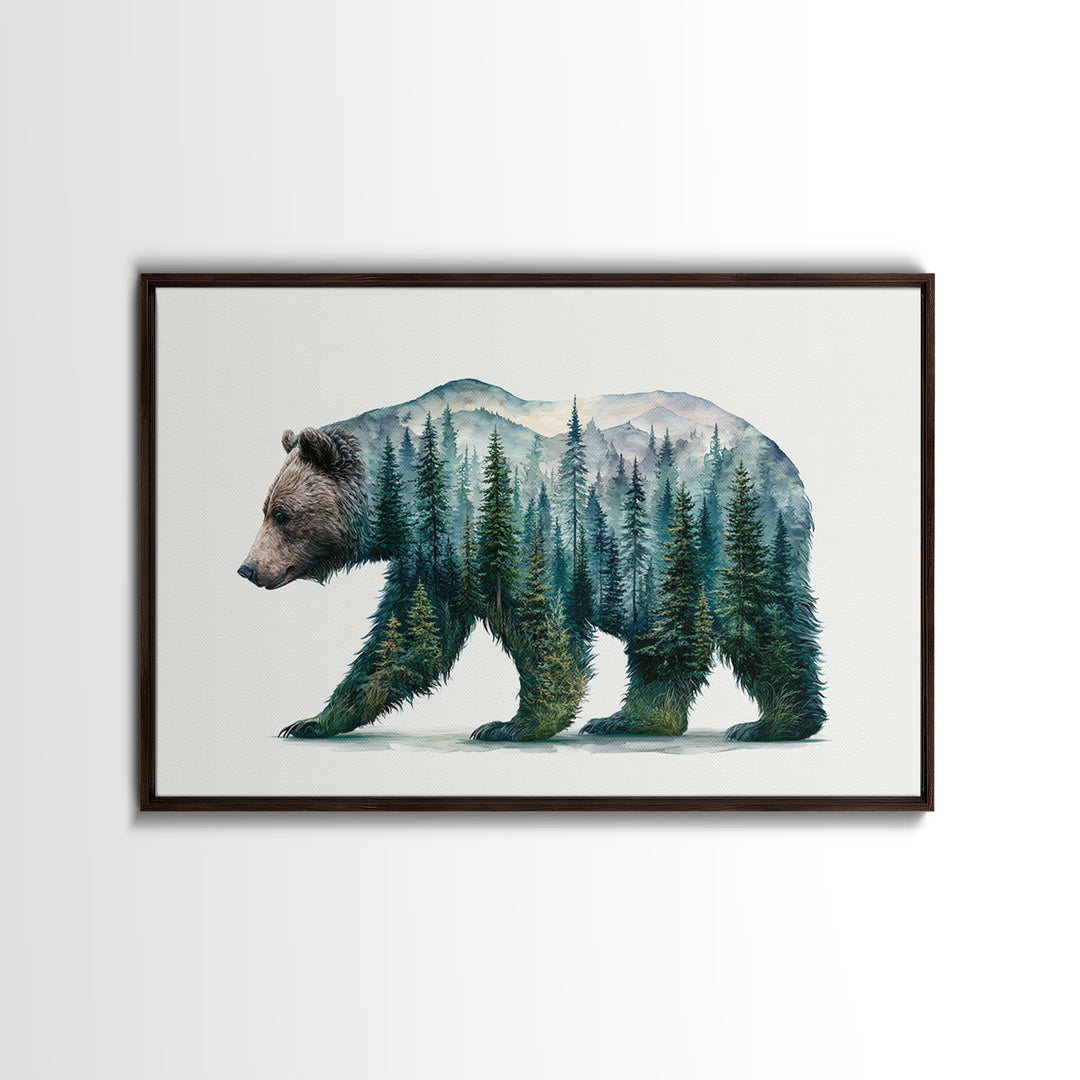 Bear Silhouette Among Pine Trees Canvas Print, Rustic Art, Wall Art, Farmhouse Decor, Fine Art, Rustic, Living Room Decor, RUS-3x2-83