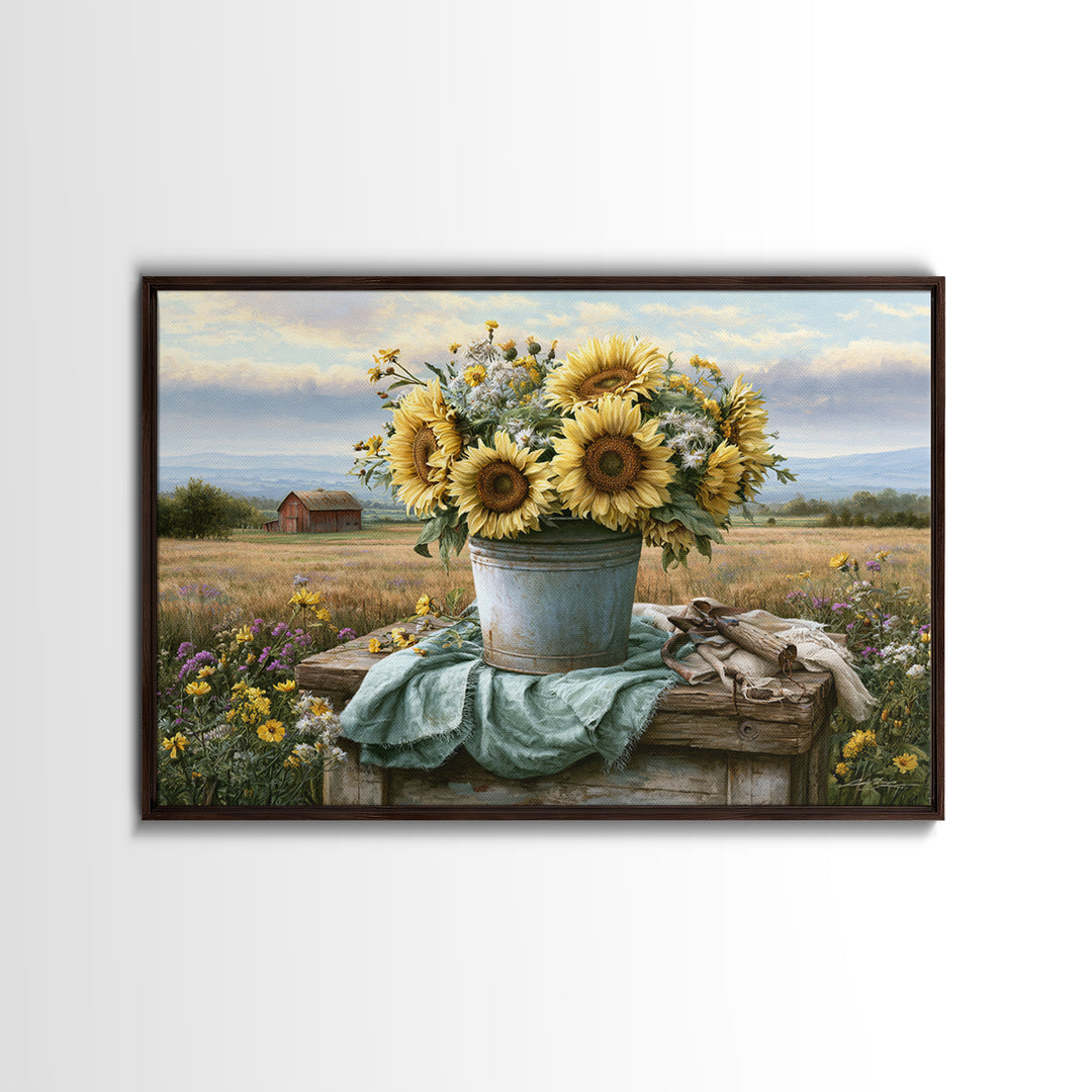 Sunflowers in a Metal Bucket Canvas Print, Rustic Art, Boho Decor, Farmhouse Decor, Oil Painting, Rustic, Digital Art, RUS-3x2-88