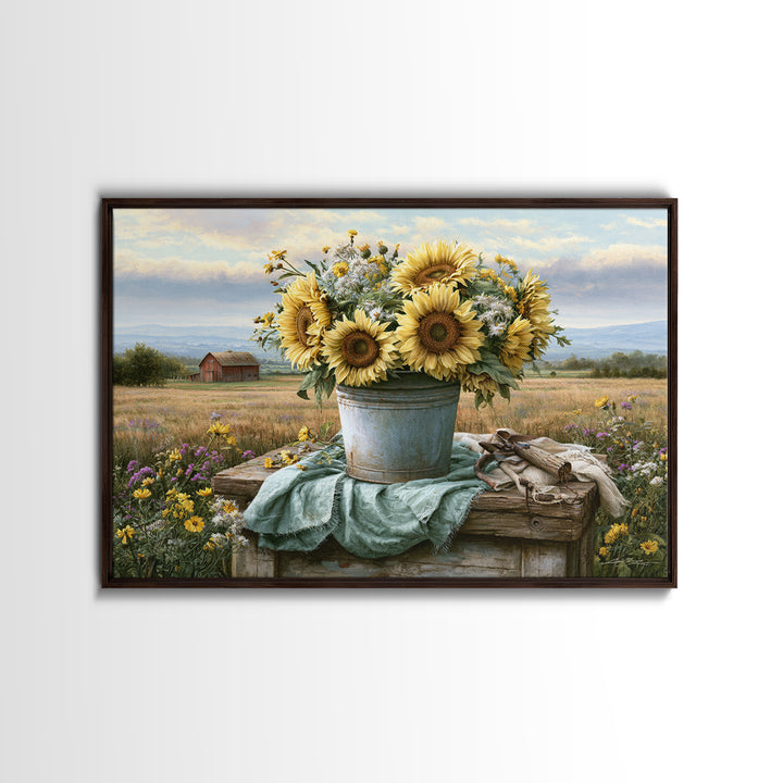 Sunflowers in a Metal Bucket Canvas Print, Rustic Art, Boho Decor, Farmhouse Decor, Oil Painting, Rustic, Digital Art, RUS-3x2-88