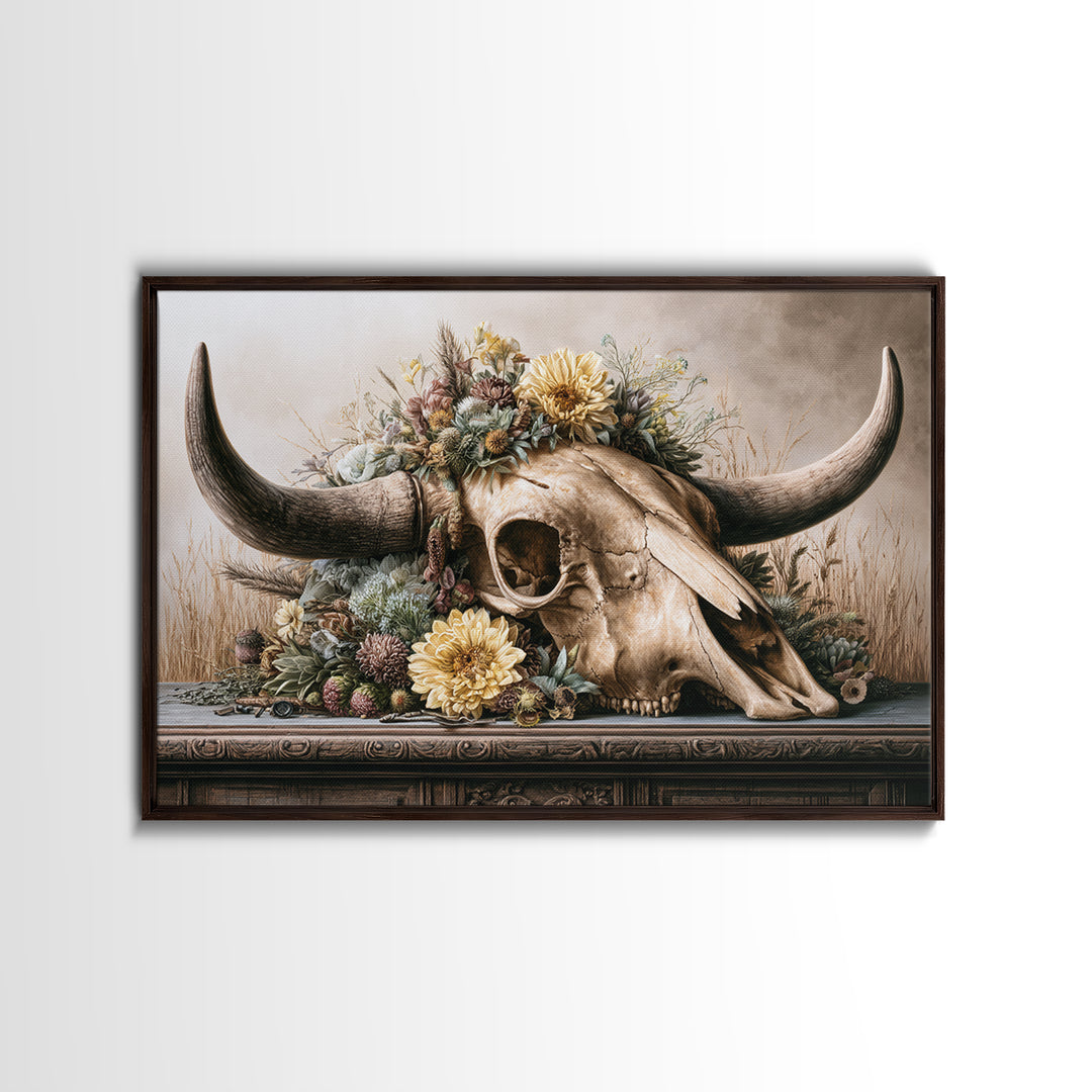 Cow Skull with Desert Flowers Canvas Print, Rustic Art, Living Room Art, Farmhouse Decor, Oil Painting, Rustic, RUS-3x2-93