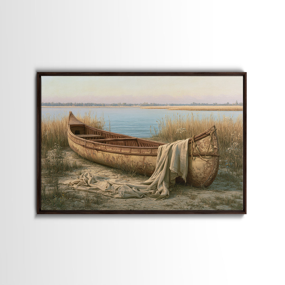 Old Canoe Pulled Onto a Lake Shore Framed Canvas Print, Rustic Art, Luxury Decor, Farmhouse Decor, Fine Art, Rustic, RUS-3x2-96