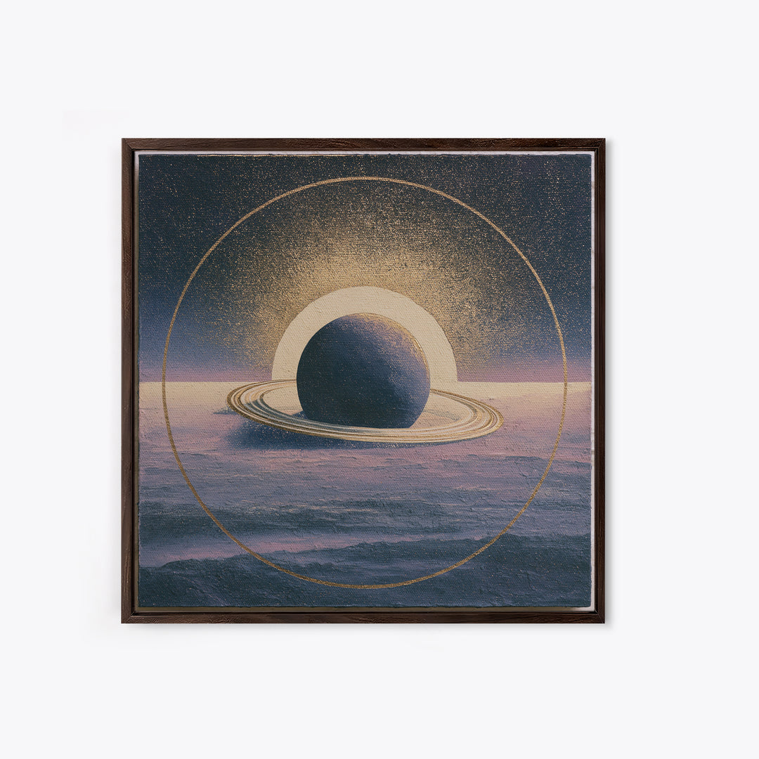Ringed Planet Rising Framed Canvas Print, Space Art, Retro Wall Art, Spa Decor, Oil Painting, Serenity, Textured Painting, SAR-1x1-2