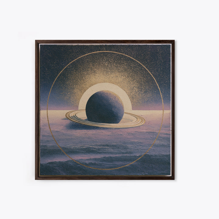 Ringed Planet Rising Framed Canvas Print, Space Art, Retro Wall Art, Spa Decor, Oil Painting, Serenity, Textured Painting, SAR-1x1-2