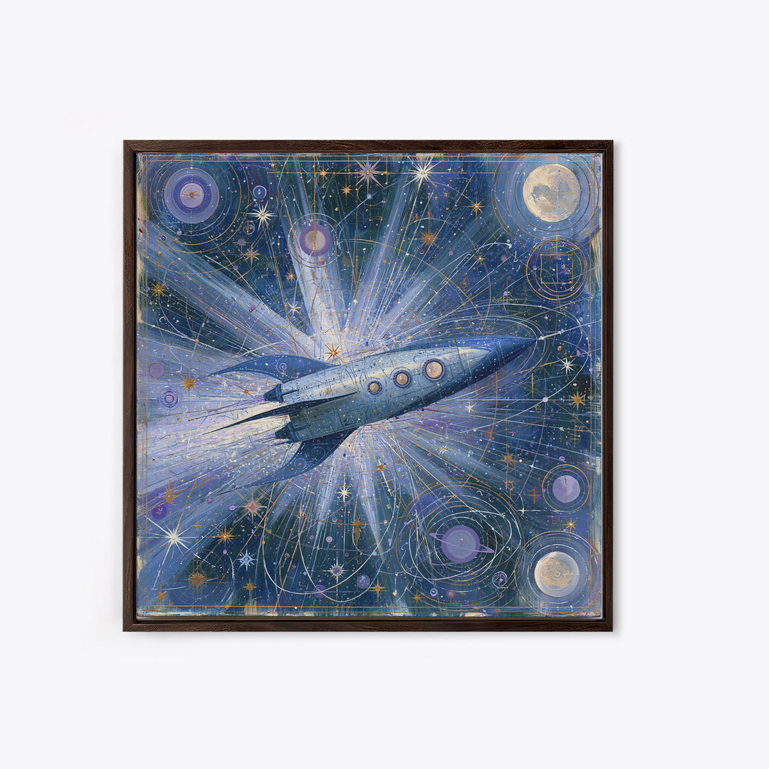 Rocket Ship Crossing a Retro Star Field Framed Canvas Print, Space Art, Fine Art Print, Spa Decor, Watercolor Art, Serenity, SAR-1x1-34