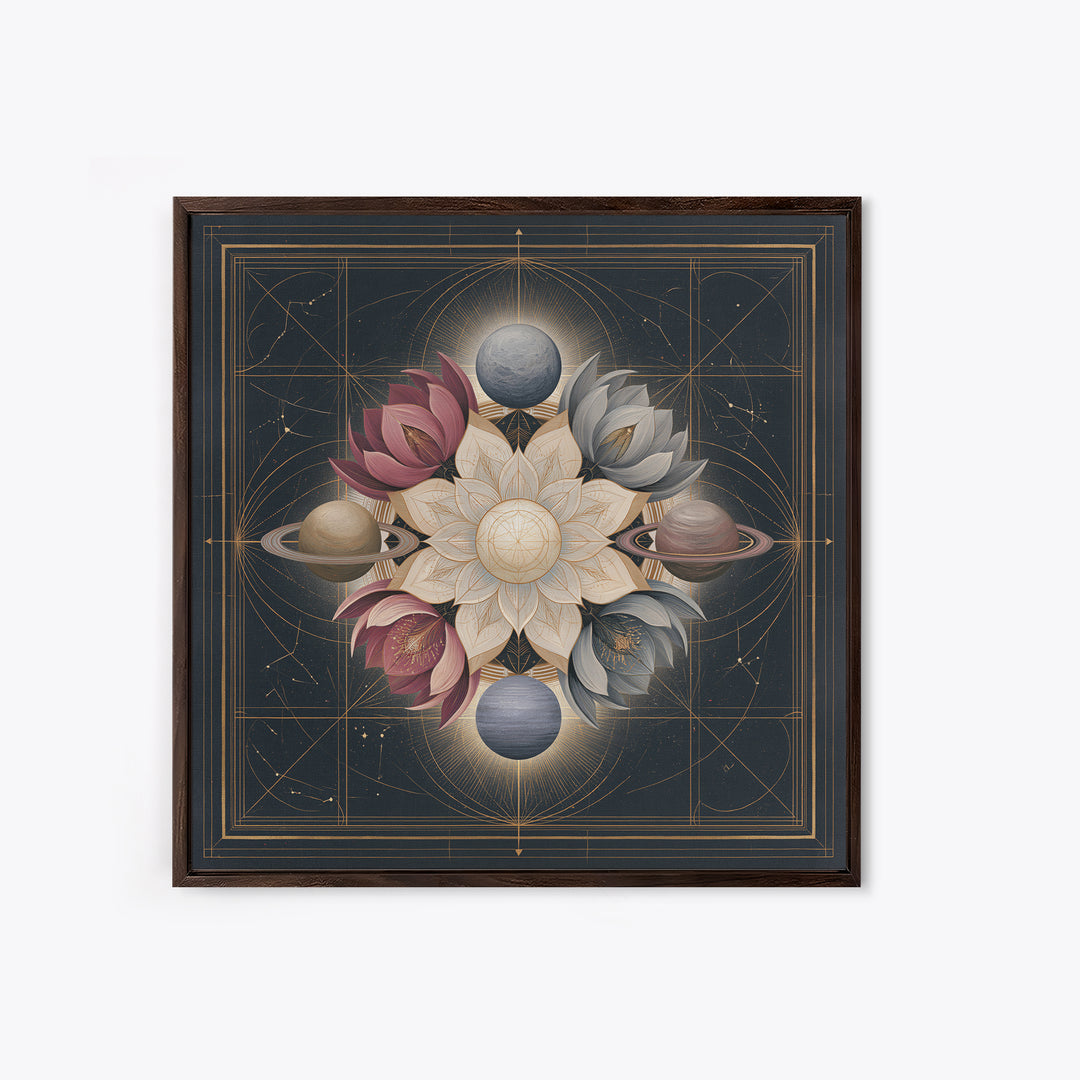 Cosmic Garden with Planets as Flowers Framed Canvas Print, Space Art, Contemporary Art, Spa Decor, Fine Art, Serenity, SAR-1x1-61