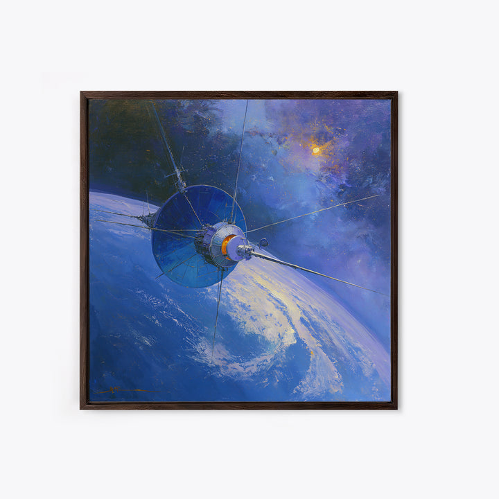 Satellite Orbiting Above Blue Planet Framed Canvas Print, Space Art, Retro Wall Art, Spa Decor, Abstract Art, Serenity, SAR-1x1-84