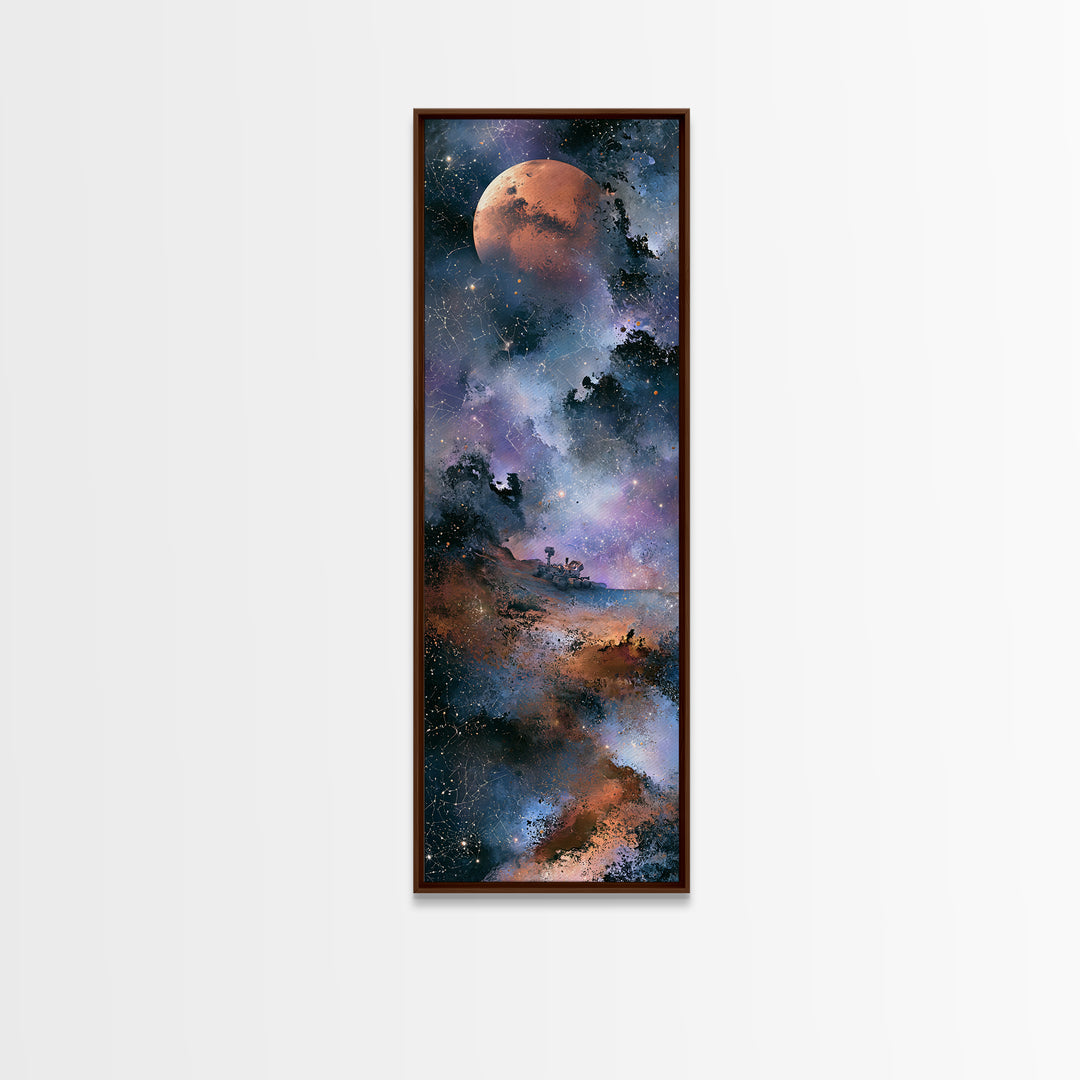 Mars Landscape with Tiny Rover Silhouette Framed Canvas Print, Space Art, Room Decor, Spa Decor, Serenity, Printable Art, SAR-1x3-45
