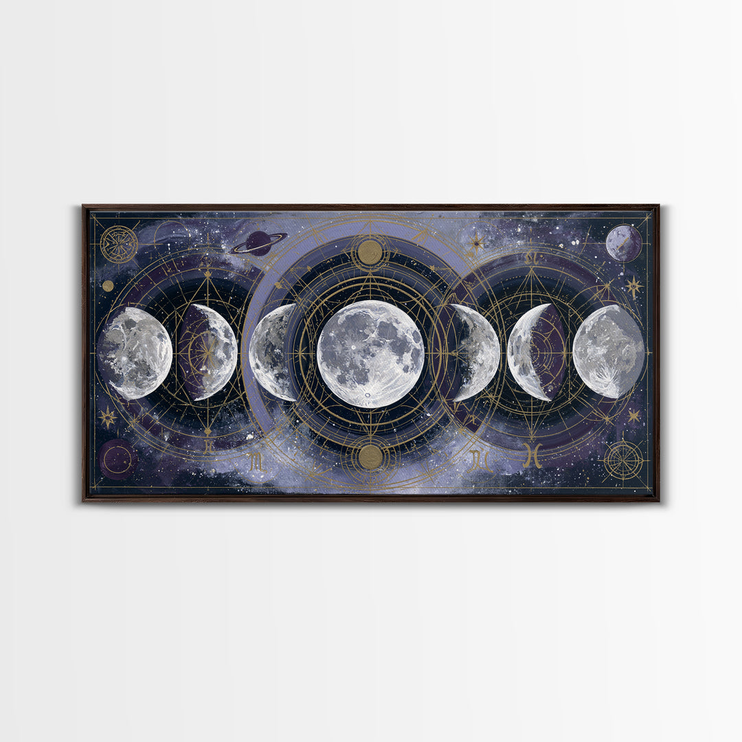 Moon Phases in Elegant Monochrome Framed Canvas Print, Space Art, Printable Wall Art, Spa Decor, Serenity, Retro Wall Art, SAR-2x1-37