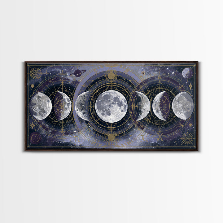 Moon Phases in Elegant Monochrome Framed Canvas Print, Space Art, Printable Wall Art, Spa Decor, Serenity, Retro Wall Art, SAR-2x1-37