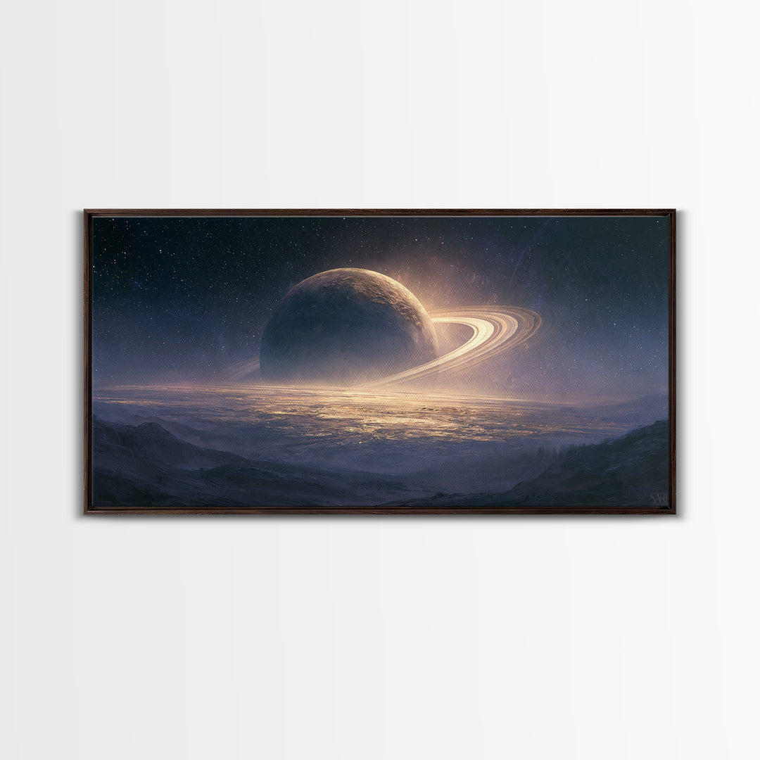 Ringed Planet Rising Framed Canvas Print, Space Art, Posters, Spa Decor, Fine Art, Serenity, Abstract Art, Printable Art, SAR-2x1-46