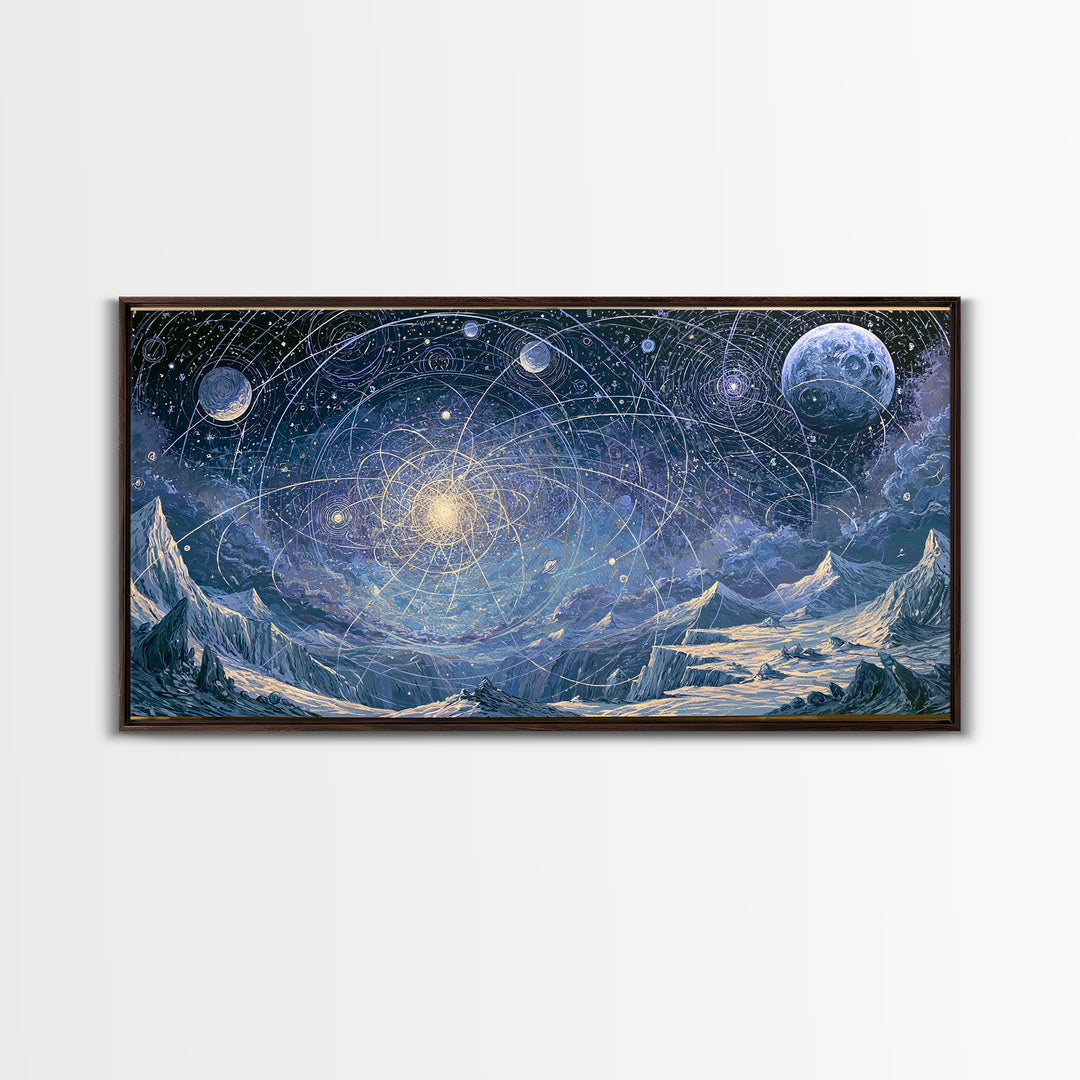 Alien Moonrise over Icy Cliffs Framed Canvas Print, Space Art, Printable Wall Art, Spa Decor, Oil Painting, Serenity, SAR-2x1-90