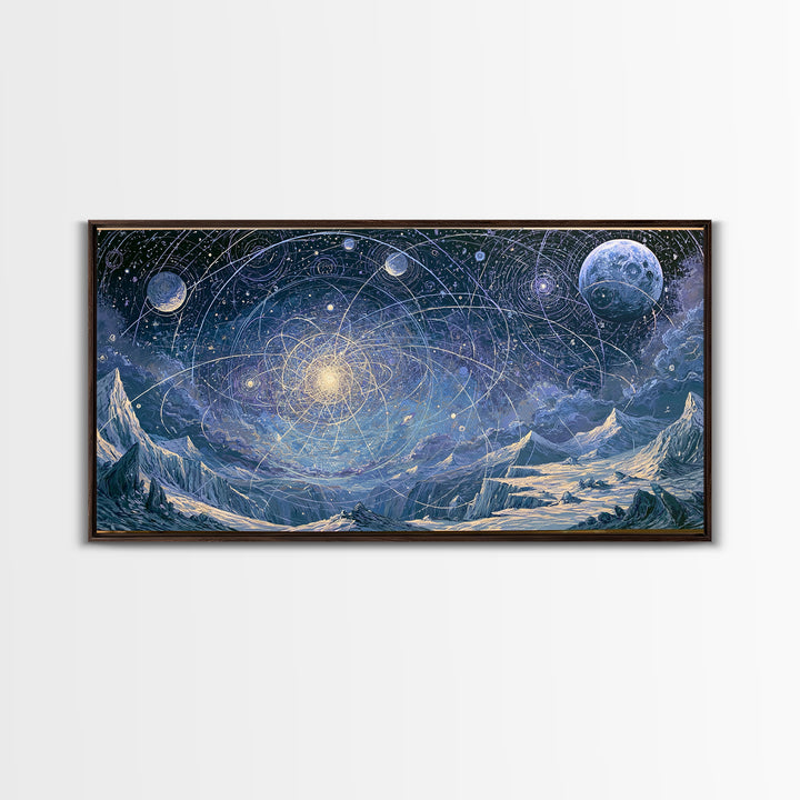 Alien Moonrise over Icy Cliffs Framed Canvas Print, Space Art, Printable Wall Art, Spa Decor, Oil Painting, Serenity, SAR-2x1-90