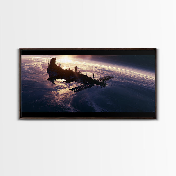 Space Station Silhouetted by Sunrise Framed Canvas Print, Space Art, Digital Wall Art, Spa Decor, Oil Painting, Serenity, SAR-2x1-92