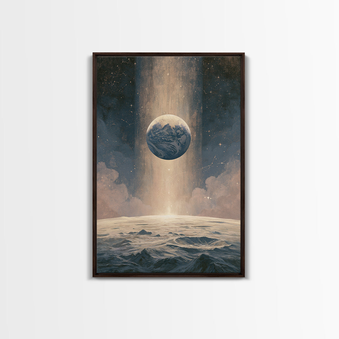 Moon Surface with Earth Hanging Above Framed Canvas Print, Space Art, Canvas Wall Art, Spa Decor, Fine Art, Serenity, SAR-2x3-37