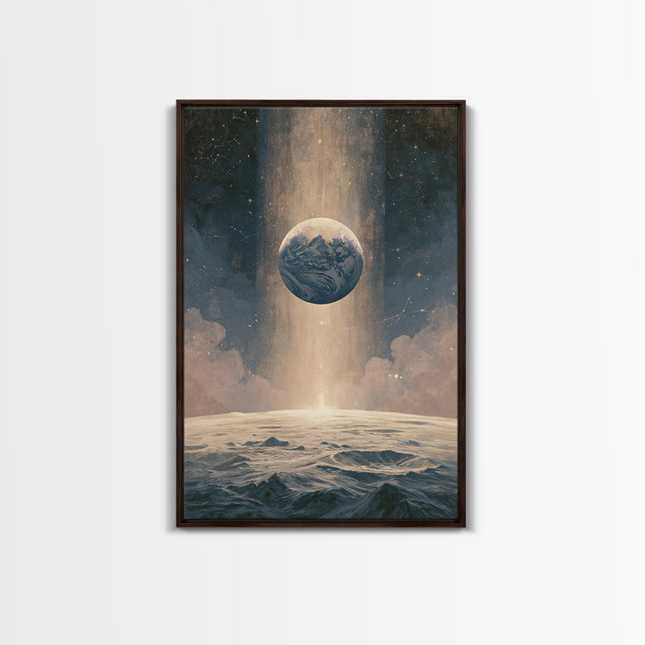 Moon Surface with Earth Hanging Above Framed Canvas Print, Space Art, Canvas Wall Art, Spa Decor, Fine Art, Serenity, SAR-2x3-37
