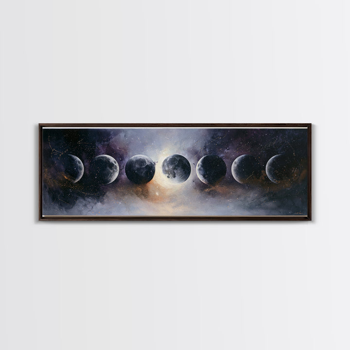 Moon Phases in Elegant Monochrome Framed Canvas Print, Space Art, Statement Artwork, Spa Decor, Fine Art, Serenity, Wall Decor, SAR-3x1-57