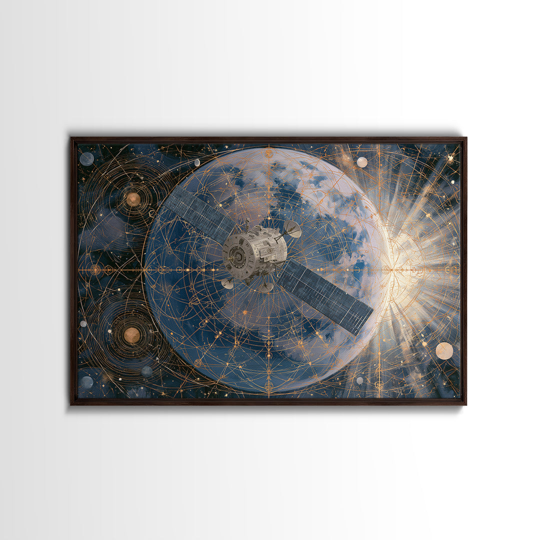 Satellite Orbiting Above Blue Planet Framed Canvas Print, Space Art, Textured Painting, Spa Decor, Oil Painting, Serenity, SAR-3x2-40