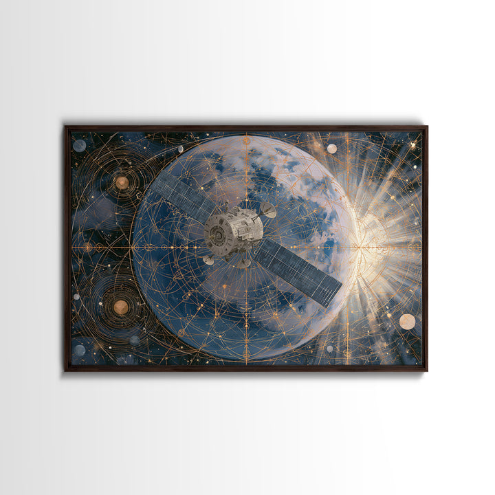 Satellite Orbiting Above Blue Planet Framed Canvas Print, Space Art, Textured Painting, Spa Decor, Oil Painting, Serenity, SAR-3x2-40
