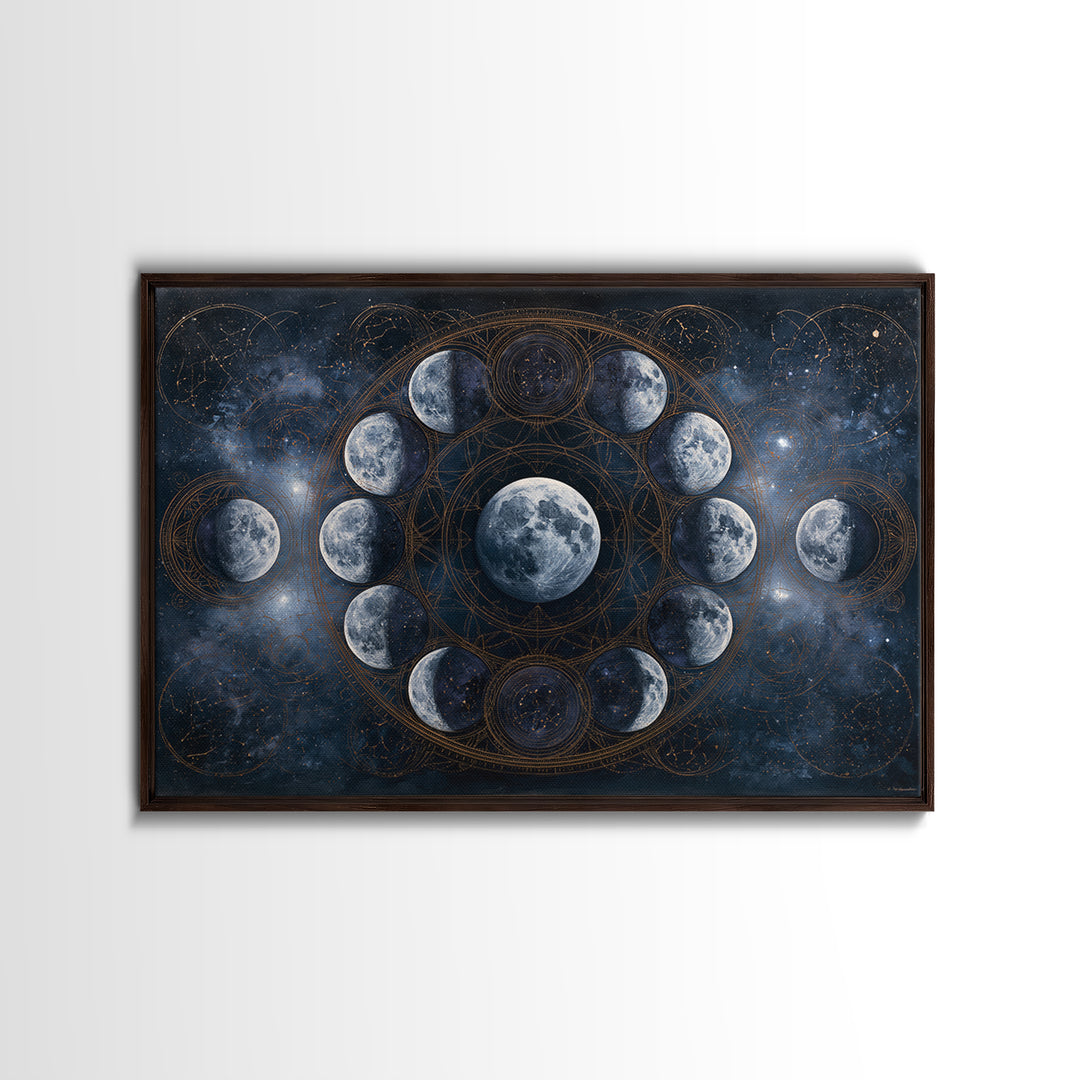 Moon Phases in Elegant Monochrome Framed Canvas Print, Space Art, Textured Painting, Spa Decor, Fine Art, Serenity, Art Prints, SAR-3x2-45