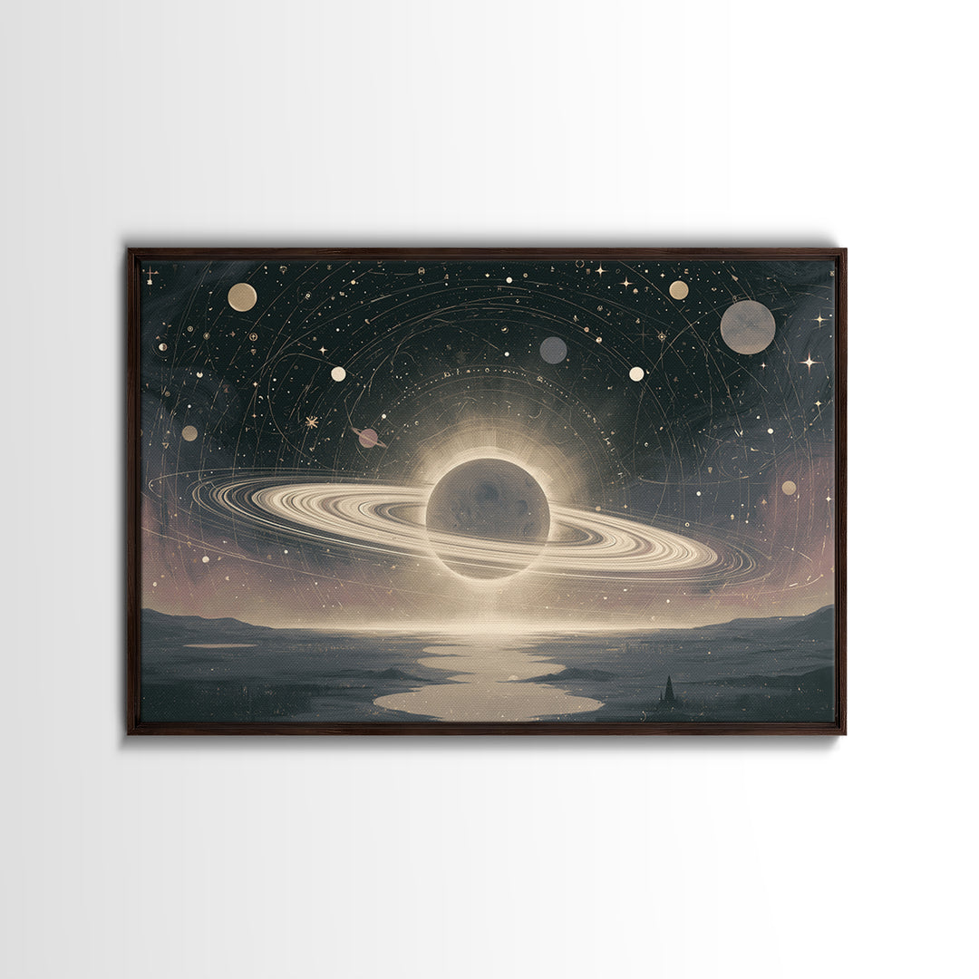 Ringed Planet Rising Framed Canvas Print, Space Art, Space, Spa Decor, Fine Art, Serenity, Statement Artwork, Boho Decor, SAR-3x2-6