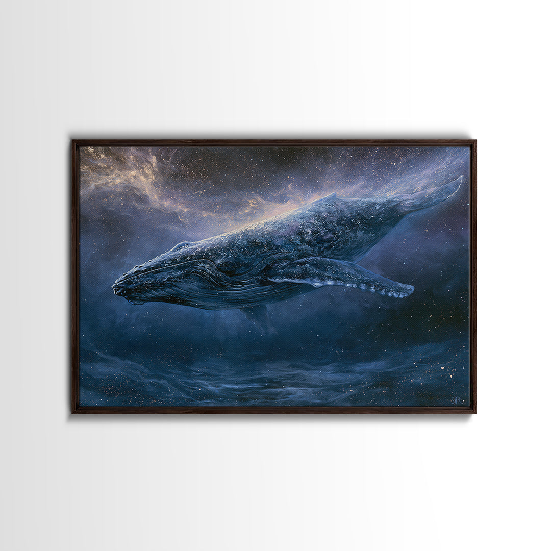 Space Whale Swimming Through Star Dust Framed Canvas Print, Space Art, Posters, Spa Decor, Fine Art, Serenity, Abstract Art, SAR-3x2-60