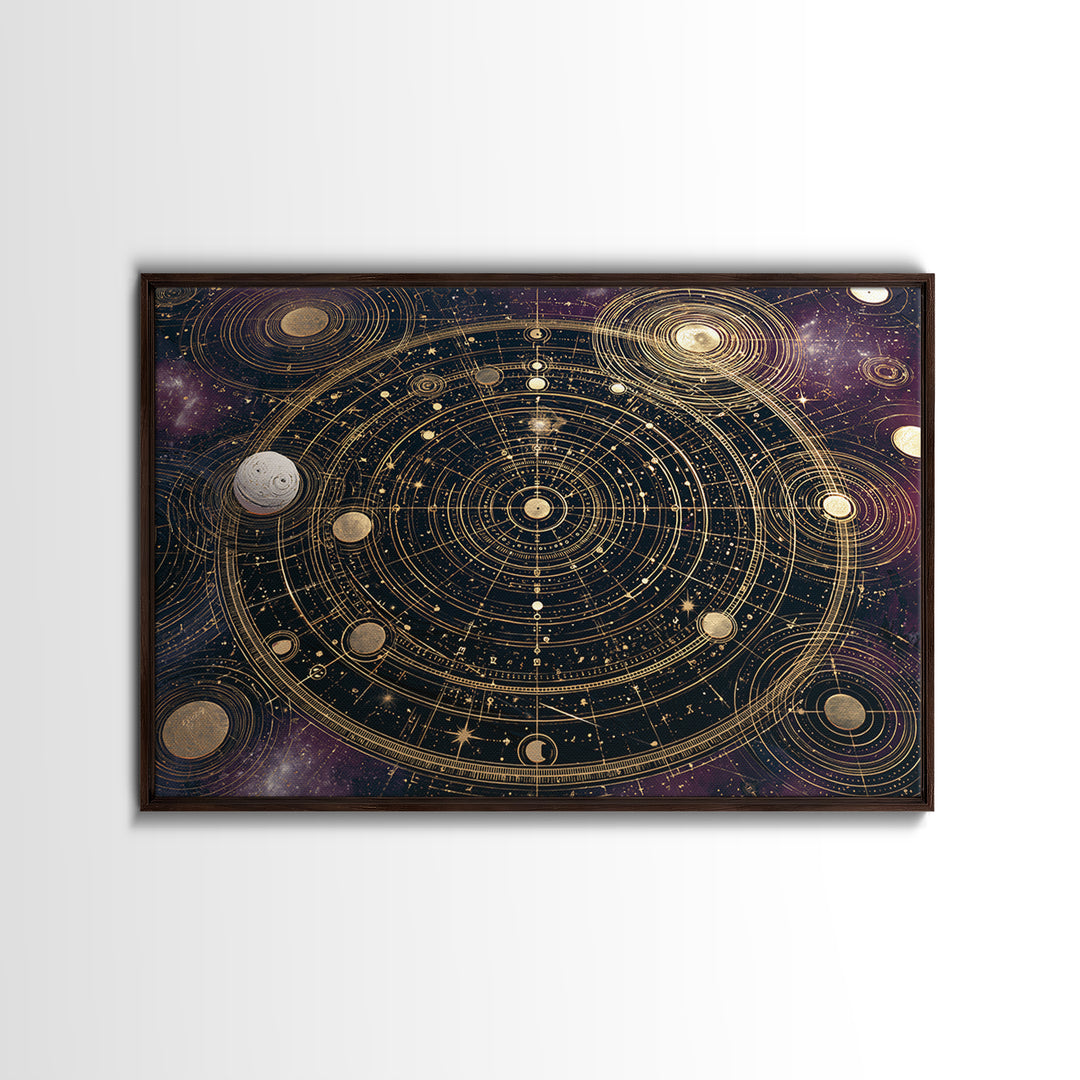 Solar System Arrangement Framed Canvas Print, Space Art, Spa Decor, Watercolor Art, Serenity, Living Room Wall Art, SAR-3x2-80