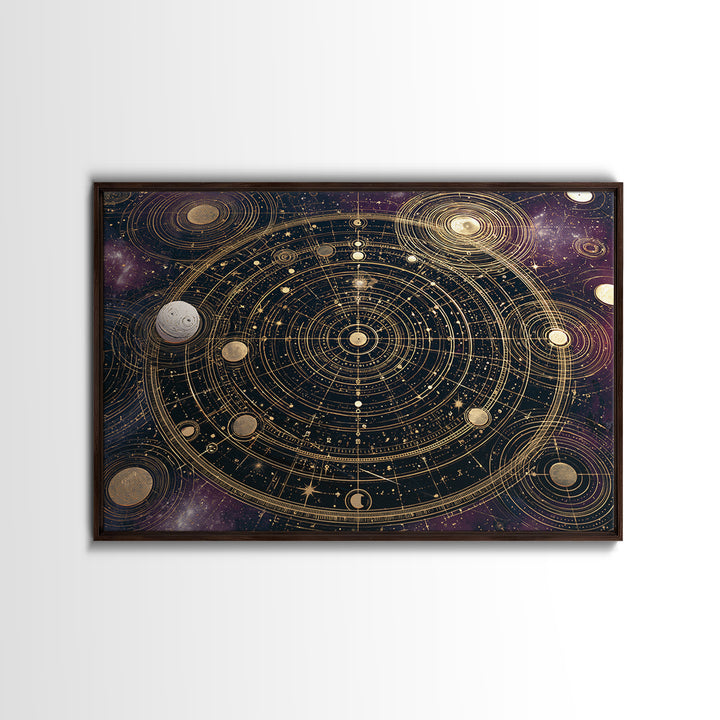 Solar System Arrangement Framed Canvas Print, Space Art, Spa Decor, Watercolor Art, Serenity, Living Room Wall Art, SAR-3x2-80
