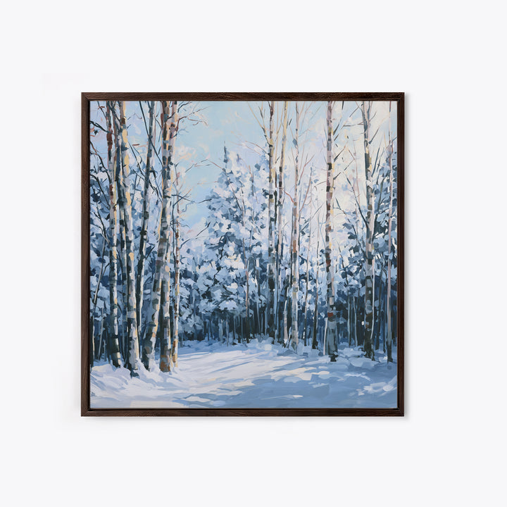 Snowy Nordic Forest Framed Canvas Print, Scandinavian Art, Textured Painting, Living Room Decor, Nordic, Christmas Decor, SCA-1x1-1