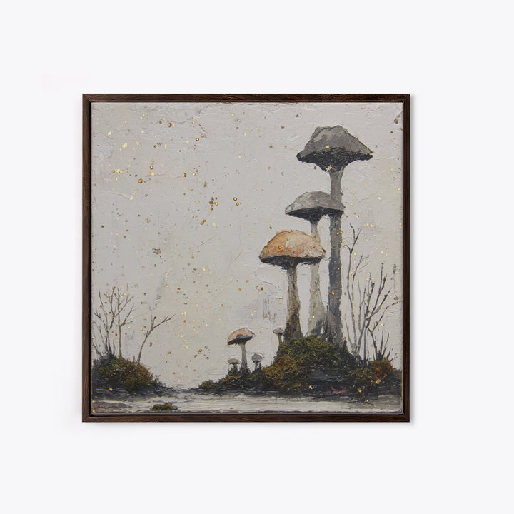 Simple Mushroom and Moss Forest Study Framed Canvas Print, Scandinavian Art, Boho Wall Decor, Living Room Decor, Nordic, SCA-1x1-24