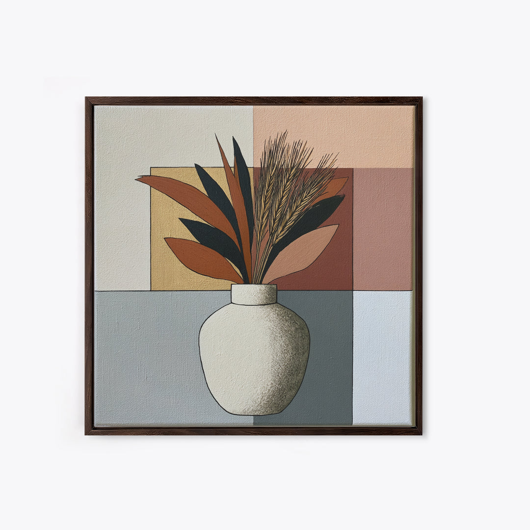 Ceramic Vase with Dried Grasses Framed Canvas Print, Scandinavian Art, Living Room Decor, Oil Painting, Nordic, SCA-1x1-37