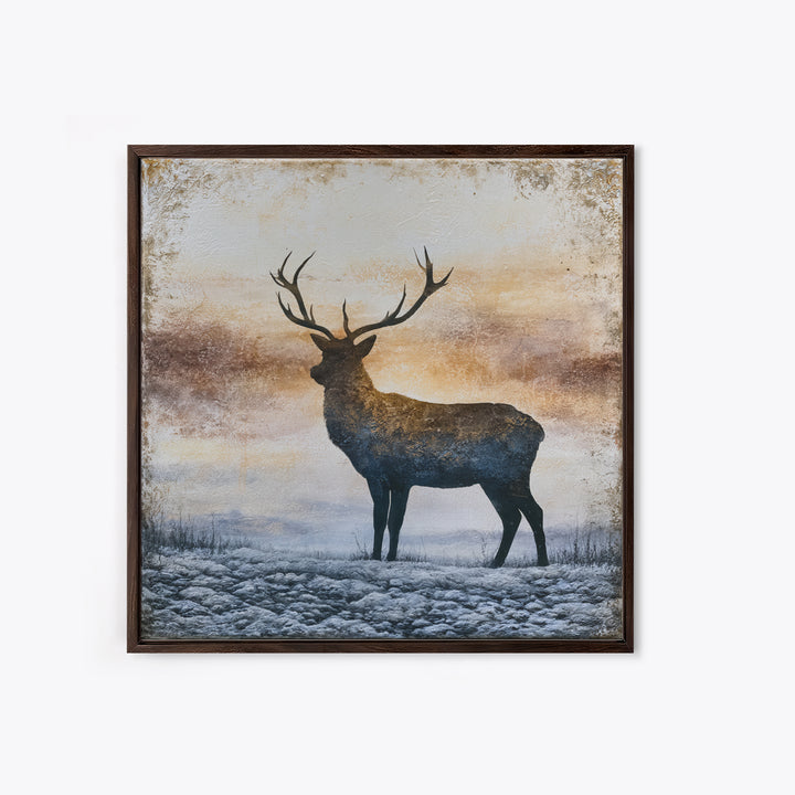 Reindeer Silhouette in Snowy Landscape Framed Canvas Print, Scandinavian Art, Abstract Painting, Living Room Decor, Nordic, SCA-1x1-6