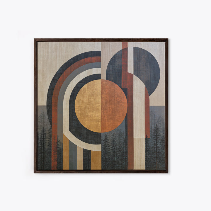 Minimal Sun over Pine Forest Framed Canvas Print, Scandinavian Art, Wall Art, Living Room Decor, Oil Painting, Nordic, SCA-1x1-65