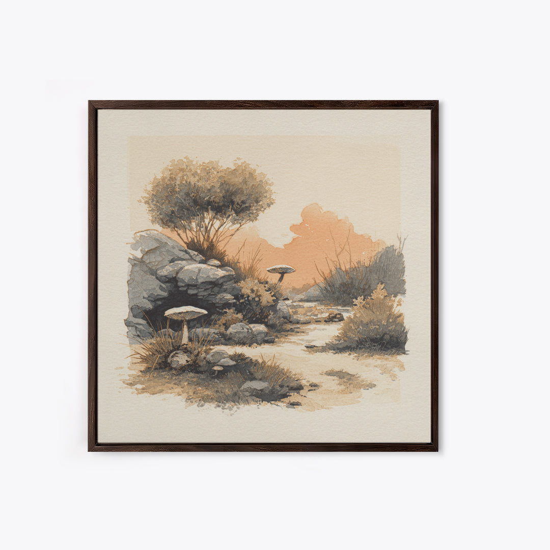 Simple Mushroom and Moss Forest Study Framed Canvas Print, Scandinavian Art, Abstract Painting, Living Room Decor, Nordic, SCA-1x1-72
