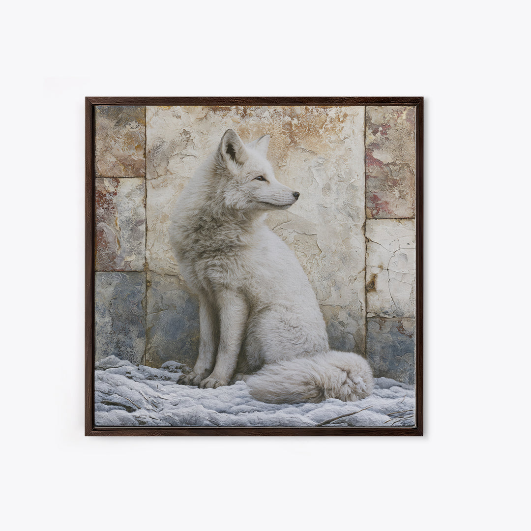 White Fox in Quiet Snow Framed Canvas Print, Scandinavian Art, Living Room Wall Art, Living Room Decor, Abstract Art, Nordic, SCA-1x1-84