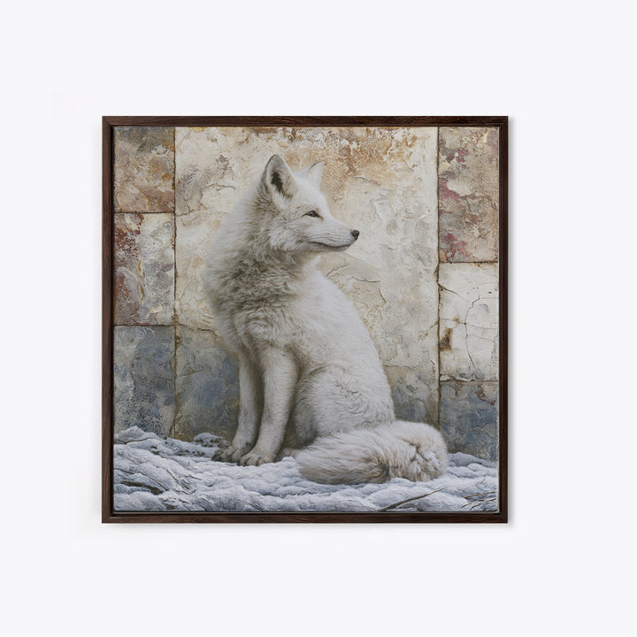 White Fox in Quiet Snow Framed Canvas Print, Scandinavian Art, Living Room Wall Art, Living Room Decor, Abstract Art, Nordic, SCA-1x1-84