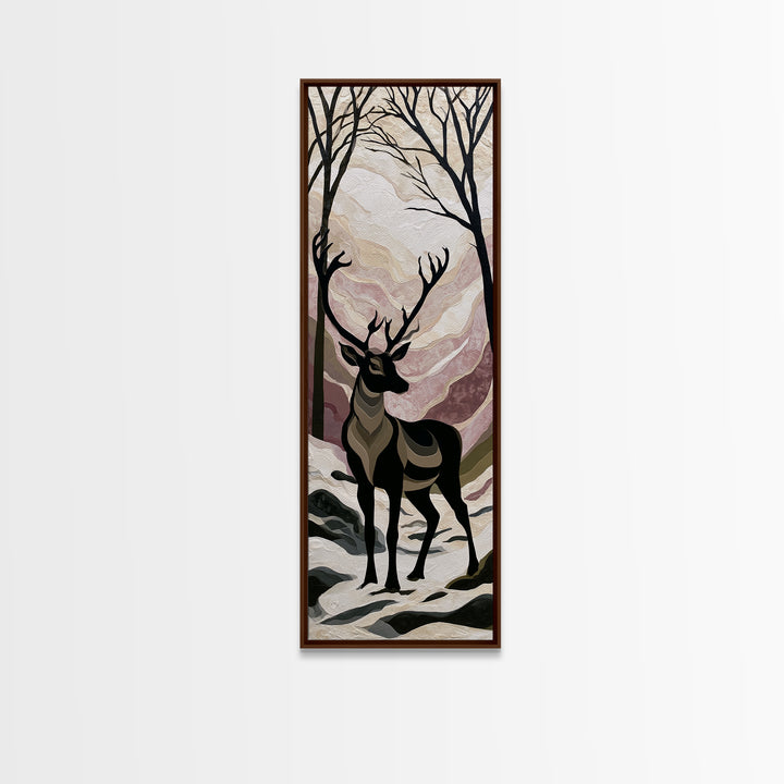 Reindeer Silhouette in Snowy Landscape Canvas Print, Scandinavian Art, Luxury Decor, Living Room Decor, Oil Painting, Nordic, SCA-1x3-18