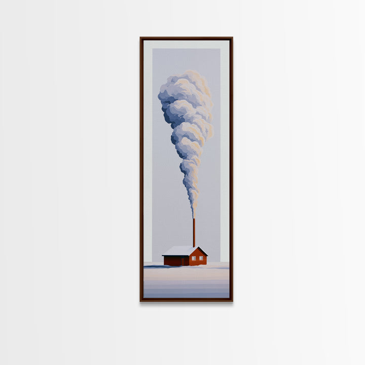 Winter Cabin Smoke Framed Canvas Print, Scandinavian Art, Fine Art Print, Living Room Decor, Oil Painting, Nordic, Printable, SCA-1x3-54