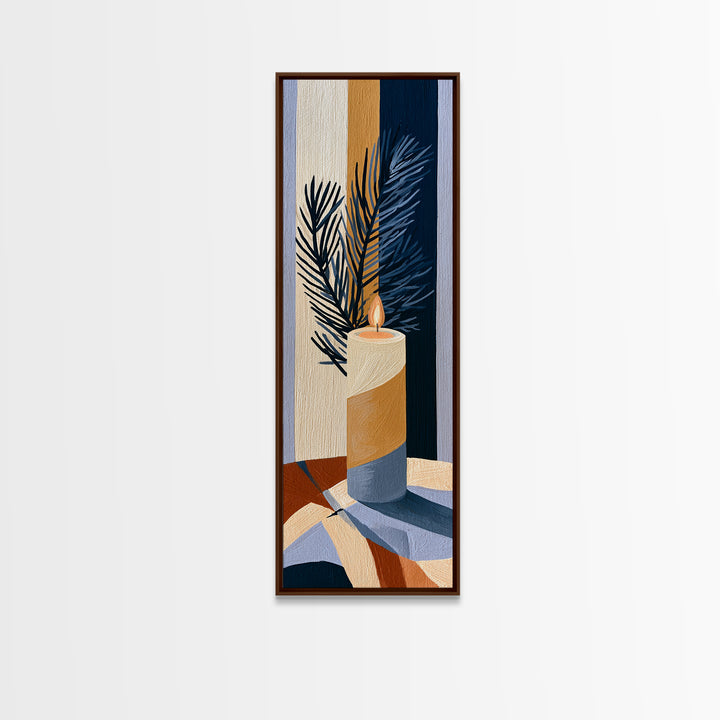 Hygge Candle and Pine Branch Still Life Canvas Print, Scandinavian Art, Abstract Painting, Living Room Decor, Nordic, SCA-1x3-64