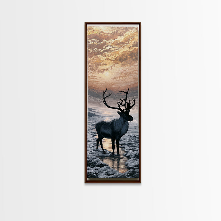 Reindeer Silhouette in Snowy Landscape Framed Canvas Print, Scandinavian Art, Wall Art, Living Room Decor, Fine Art, Nordic, SCA-1x3-66