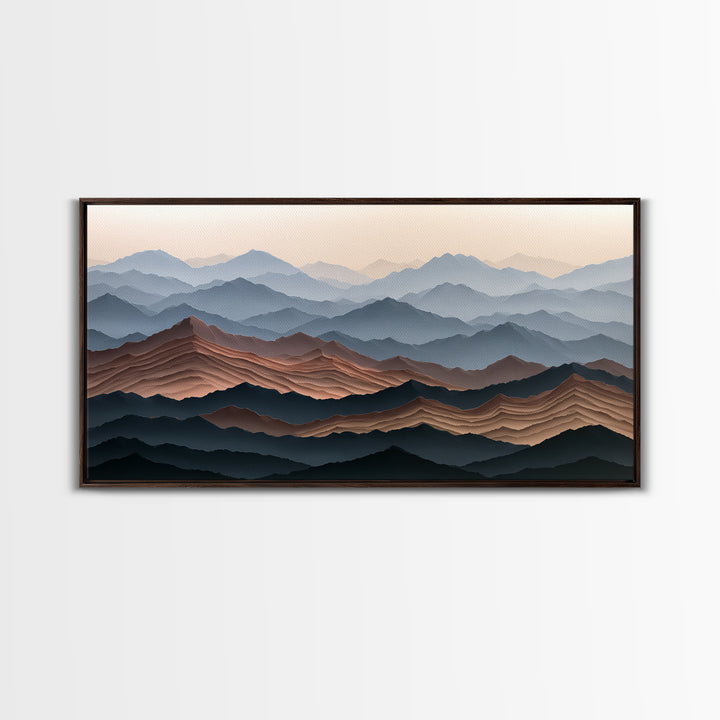 Muted Mountain Layers Framed Canvas Print, Scandinavian Art, Boho Wall Decor, Living Room Decor, Oil Painting, Nordic, SCA-2x1-100