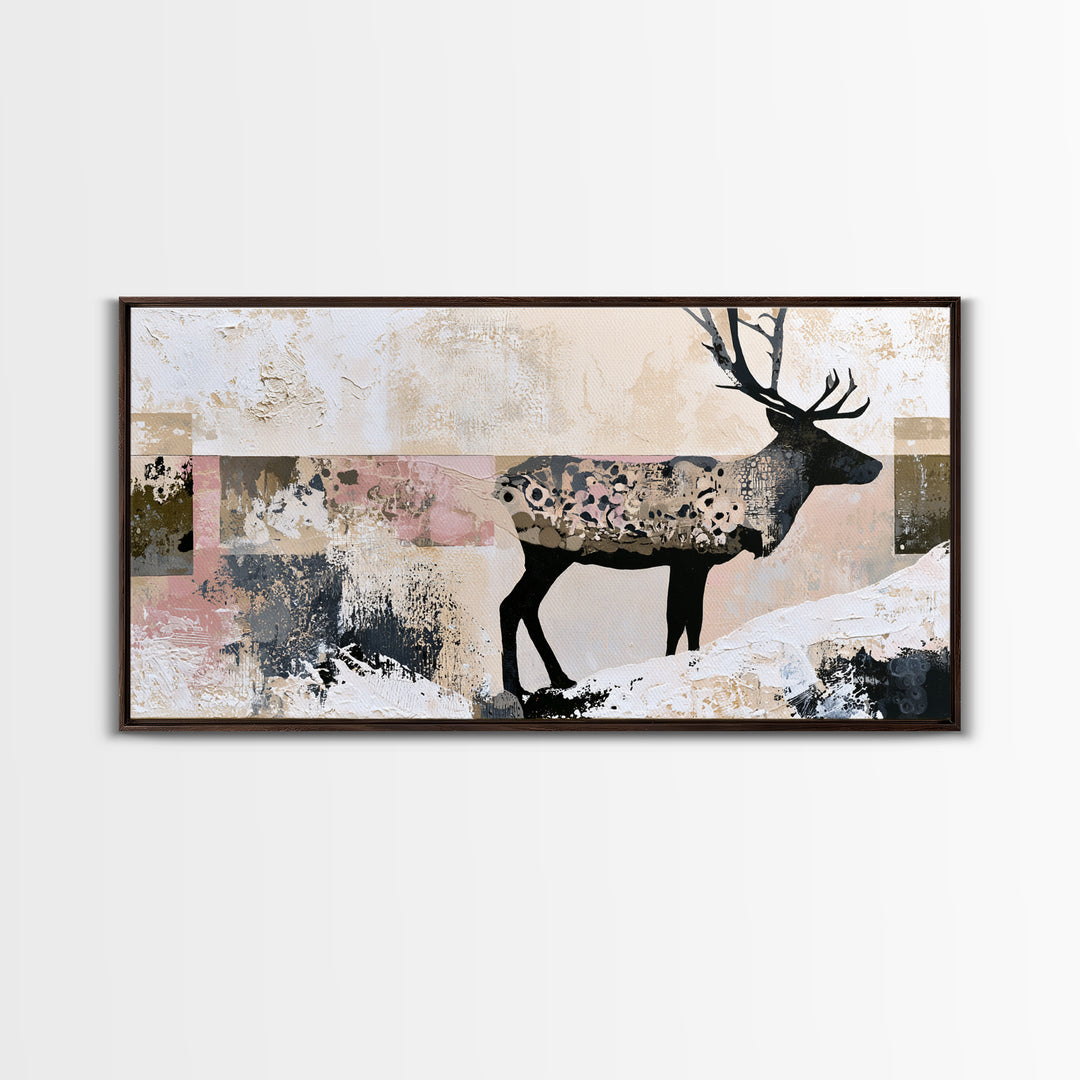 Reindeer Silhouette in Snowy Landscape Canvas Print, Scandinavian Art, Art, Living Room Decor, Fine Art, Nordic, Abstract Art, SCA-2x1-2