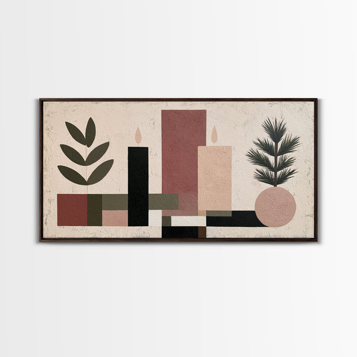 Hygge Candle and Pine Branch Still Life Framed Canvas Print, Scandinavian Art, Living Room Decor, Oil Painting, Nordic, SCA-2x1-24
