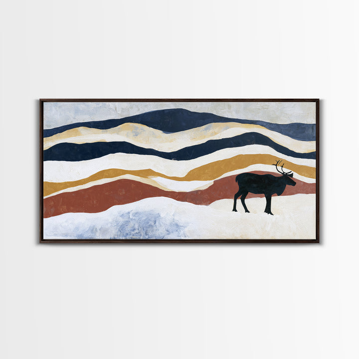 Reindeer Silhouette in Snowy Landscape Canvas Print, Scandinavian Art, Art, Living Room Decor, Fine Art, Nordic, Abstract Art, SCA-2x1-26