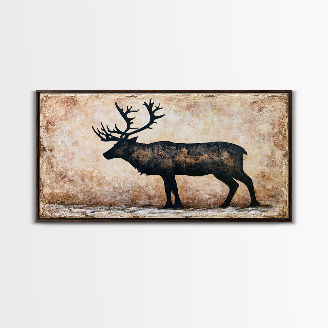 Reindeer Silhouette in Snowy Landscape Canvas Print, Scandinavian Art, Mid Century Modern, Living Room Decor, Nordic, SCA-2x1-50