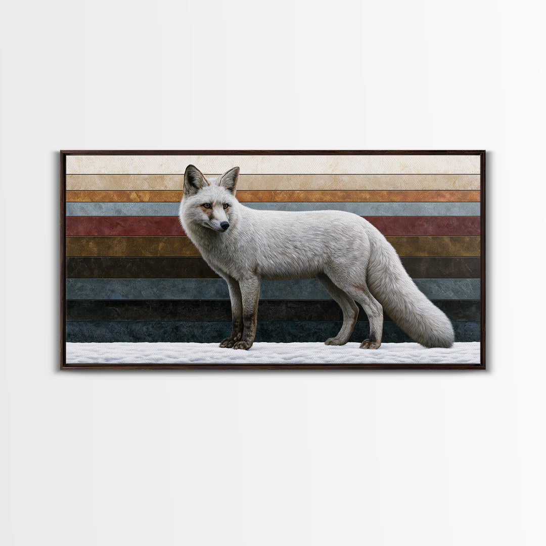 White Fox in Quiet Snow Framed Canvas Print, Scandinavian Art, Printable Wall Art, Living Room Decor, Fine Art, Nordic, SCA-2x1-56