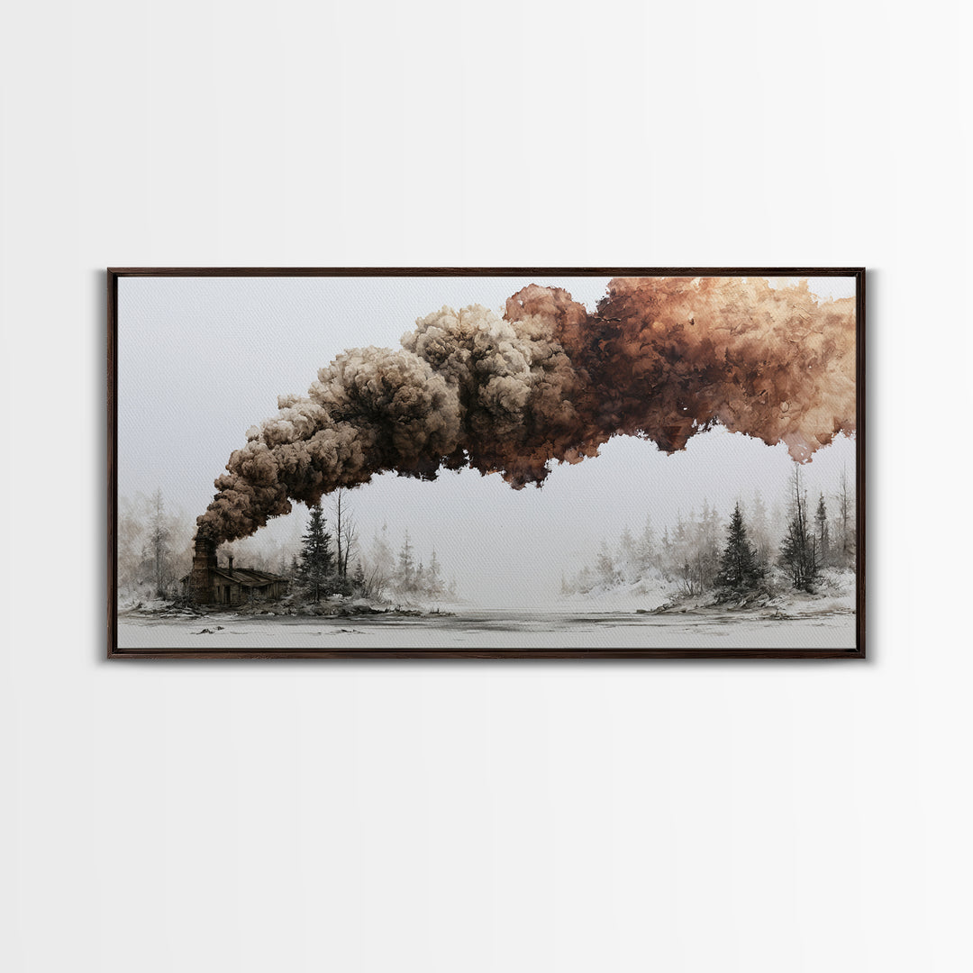 Winter Cabin Smoke Canvas Print, Scandinavian Art, Art Print, Living Room Decor, Oil Painting, Nordic, Farmhouse Decor, SCA-2x1-62