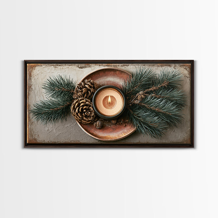 Hygge Candle and Pine Branch Still Life Framed Canvas Print, Scandinavian Art, Oil Painting, Living Room Decor, Watercolor Art, SCA-2x1-72