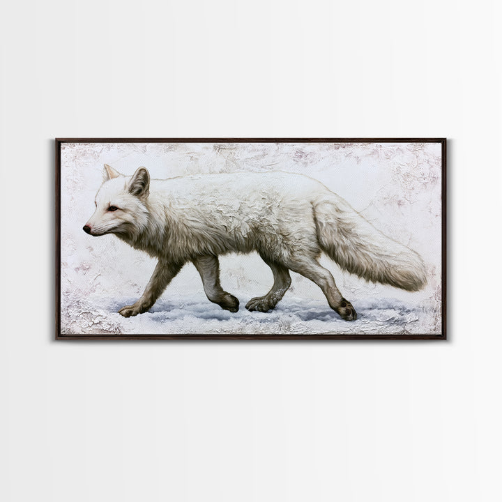 White Fox in Quiet Snow Framed Canvas Print, Scandinavian Art, Living Room Decor, Nordic, Gallery Decor, Neutral Decor, SCA-2x1-80